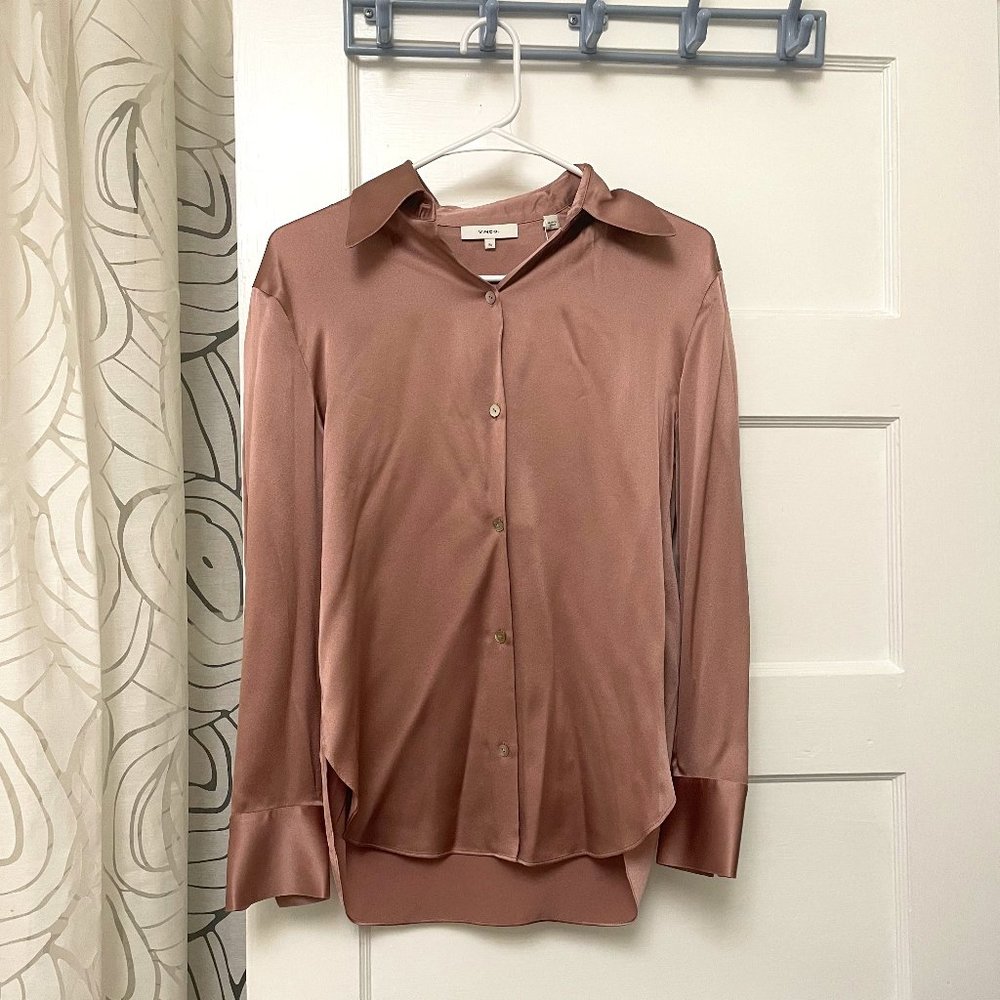 Vince | NWT Silk Long-Sleeve Button-Front Shirt (Dark pink)